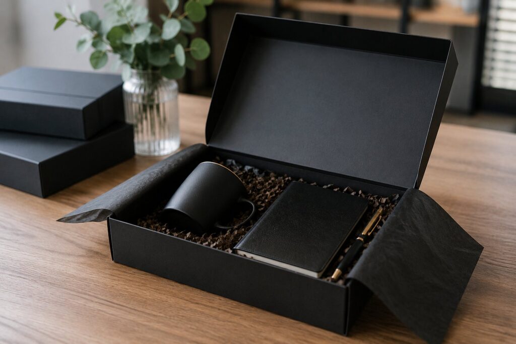 A custom gift box is specifically designed around a brand's products, messaging, and visual identity.