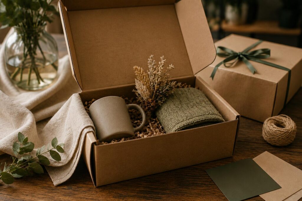 custom gift box can show values such as new ideas care for the planet company history skilled work and focus on the customer