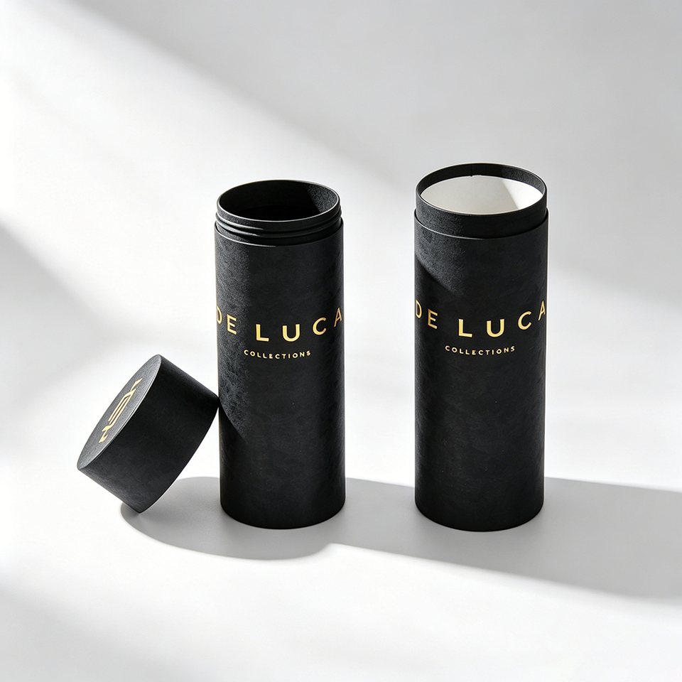 Matte black paper tube packaging with custom cylindrical box finish