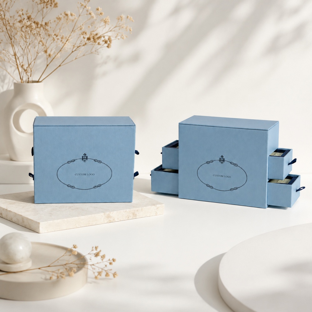 Blue custom drawer gift boxes with multi-compartment packaging design