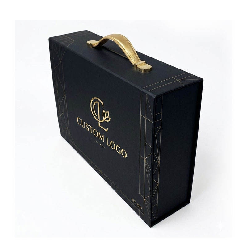 Custom black luxury gift box with gold handle and logo.