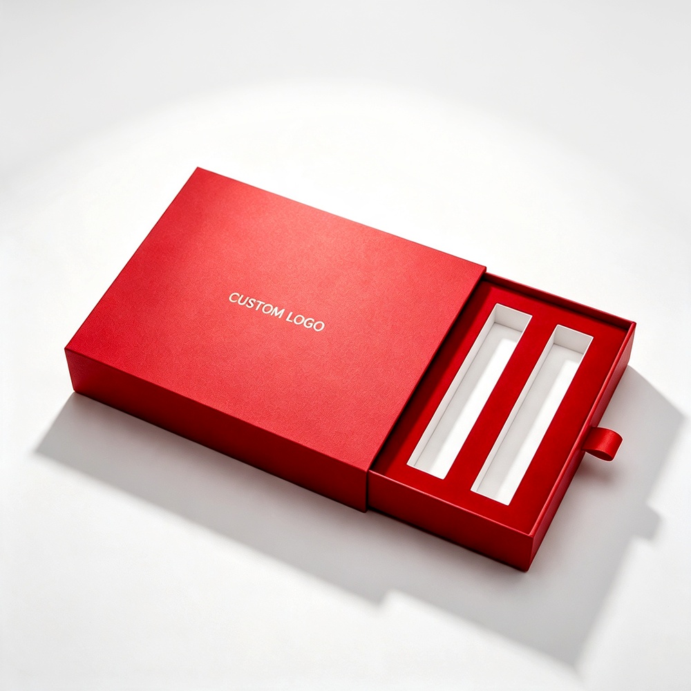 Custom red rigid gift box with protective insert and pull-out drawer