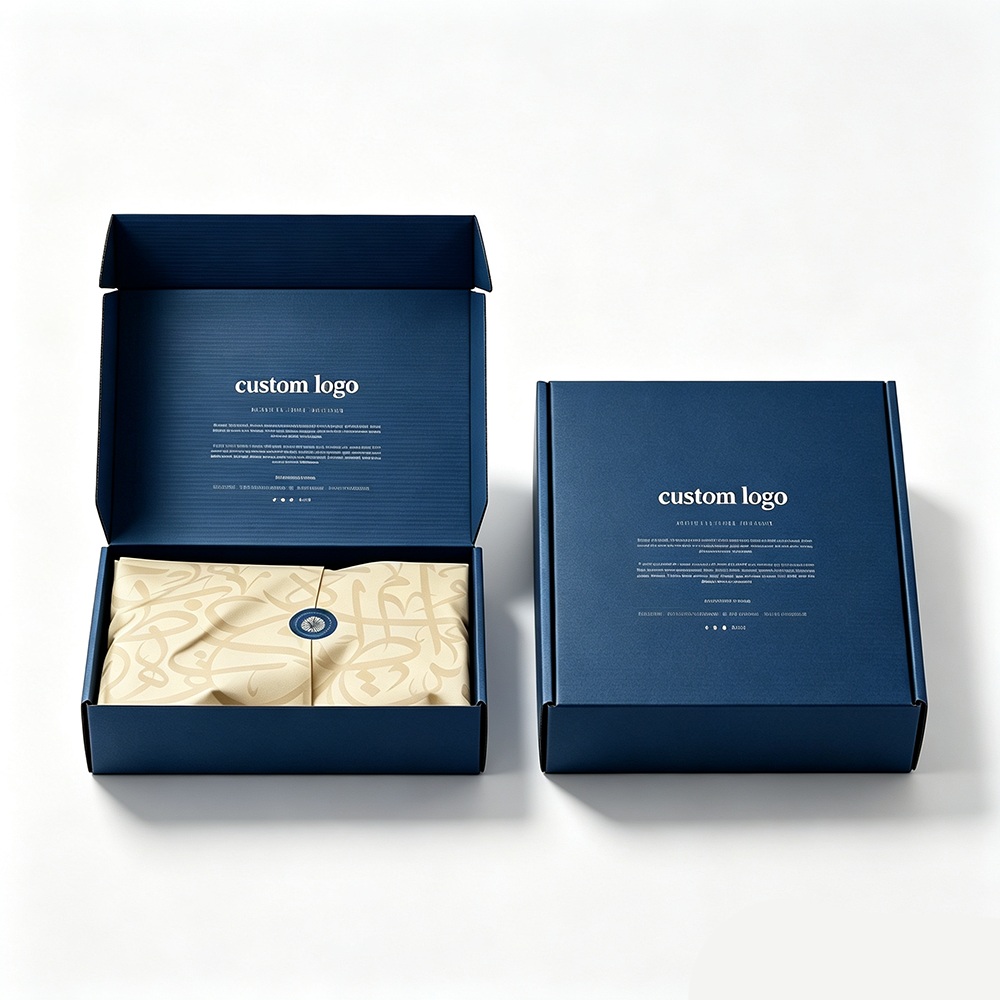 Foldable and drawer-style paper boxes arranged on a neutral packaging table