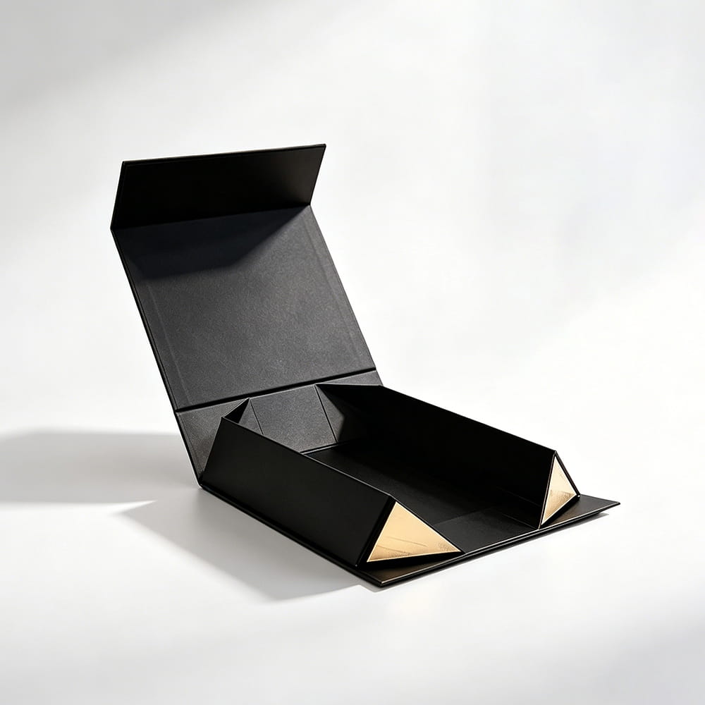 Foldable paper boxes shown flat and assembled