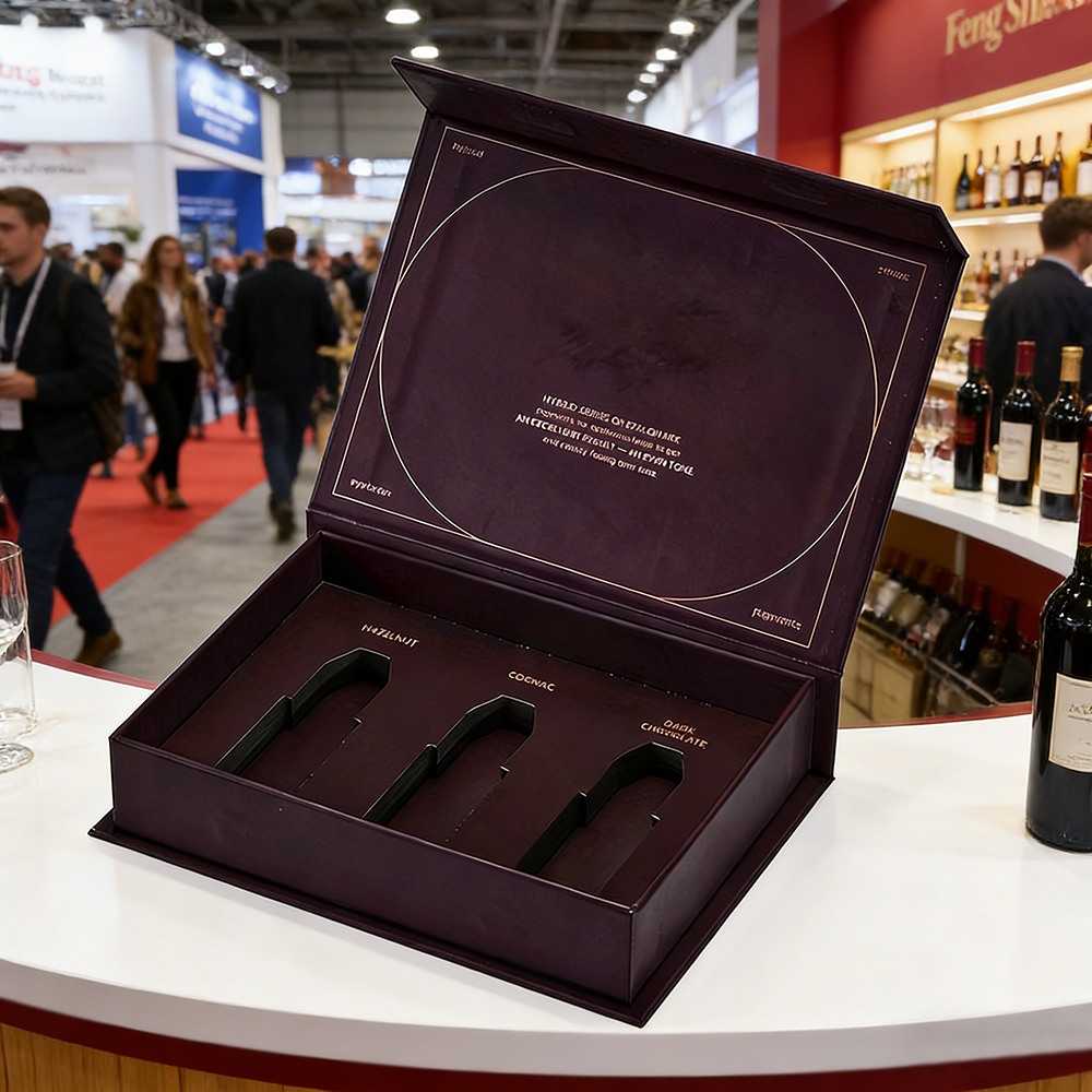 Luxury wine gift box with custom protective insert at exhibition